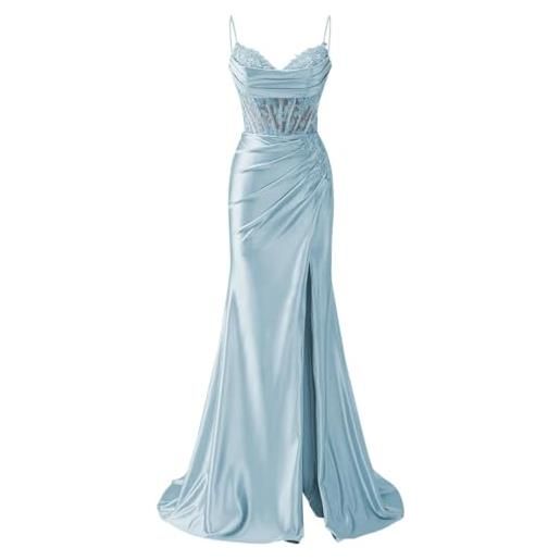 AHERKLL abiti da damigella d'onore con spalline sottili appliques in pizzo abiti da ballo con fessura formale da sera party maxi abito ah171, azzurro, 40