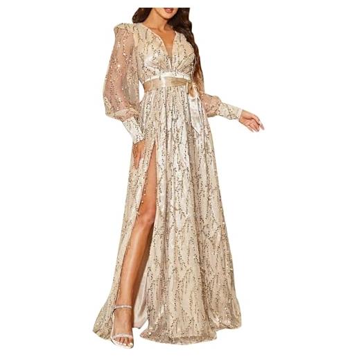 Generic vestito elegante donna cerimonia estivi senza maniche abito tubino scollo a v vestiti della cena e cerimonia con mantelle in chiffon abito da cena per matrimoni feste per damigella d'onore (gold, l)