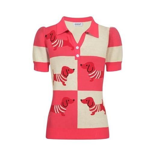 OXKNIT polo da donna a maniche corte rosa con scollo a v in tessuto jacquard con motivo a bassotto