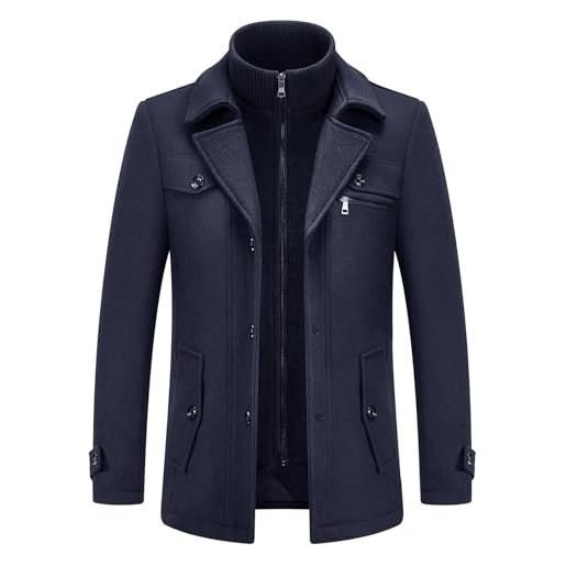KUDORO cappotto da uomo in lana corto invernale casual e business regular fit spesso in misto lana con colletto interno rimovibile(blu navy, 3xl)