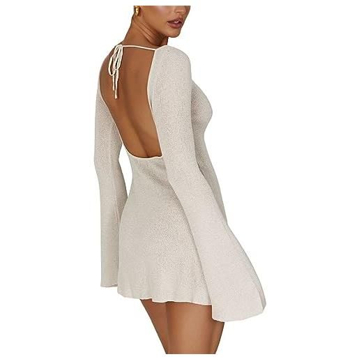 Alaurbeauty mini abito da donna autunnale in maglia a costine con maniche lunghe, schiena aperta, a contrasto, tinta unita, abito maglione aderente, bianco, s