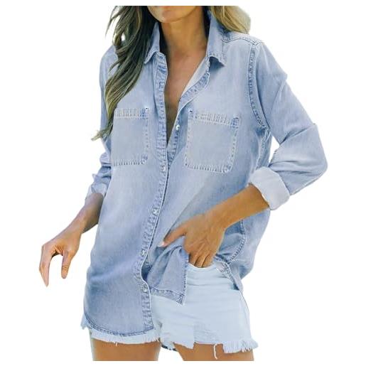 Mymyguoe camicia da donna in jeans, a maniche lunghe, morbida, in denim, moderna, oversize, slim fit, camicetta da donna, classica, casual, a maniche lunghe, con bottoni, arrotolabile
