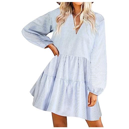 FANCYINN abito estivo da donna, con scollo a v, casual, con scollo a v, a-un blu maglia manica lunga, xs