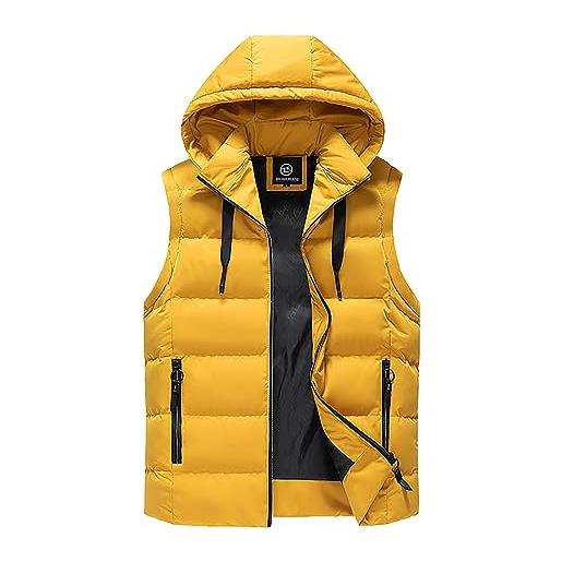 Generic gilet invernale da uomo con cappuccio, gilet trapuntato da uomo, in corda, casual, con tasche con cerniera, senza maniche, per le mezze stagioni, termico, antivento, gilet da uomo, giallo. , 5xl