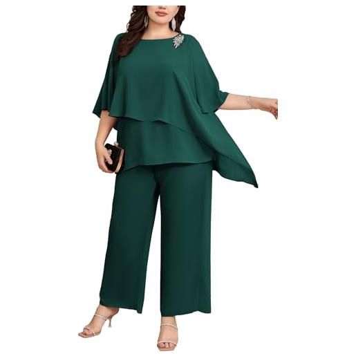 Hanna Nikole completo elegante da sera per donna, taglia grande, set da 2 pezzi, abito da cocktail, per feste, pantaloni da festa, camicia in georgette a due pezzi e pantaloni a vita alta, verde scuro
