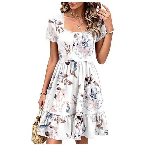 WNEEDU abito estivo donna casual vestito a manica corta vestitino collo quadrato elegante abiti corto con tasche