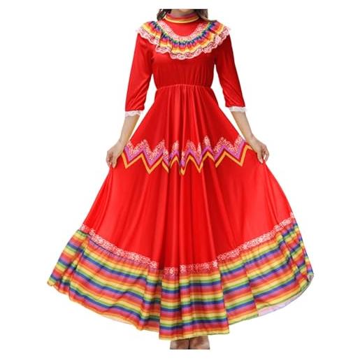 Generisch abito estivo da donna, stile bohémien, per il tempo libero, 5 maggio, festival messicano, celebrazione, abito da ballo lungo e largo, abito da spettacolo sul palcoscenico, colore: rosso, s