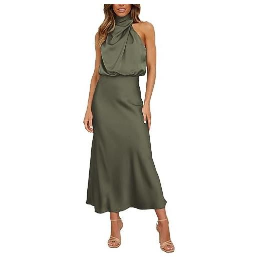 BDSCZW abito da donna elegante in raso, senza maniche, a vita alta, per matrimonio, formale, per cocktail, per feste, verde militare, s