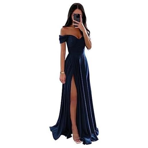 ECDAHICC abito da damigella d'onore con scollo alla bardot per donna, in raso, lungo, con fessura, elegante, formale, da sera, a-line, per matrimonio e feste, blu navy, s