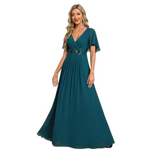 Ever-Pretty vestito donna elegante scollo a v maniche a volant stile lungo abito cerimonia donna ee01960