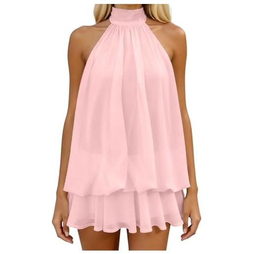 MJGkhiy vestito donna elegante senza maniche mini abito con scollo halter e volant estivo vestiti ampio in chiffon cerimonia abiti schiena scoperta con laccio vestito corto per sera discoteca cocktail