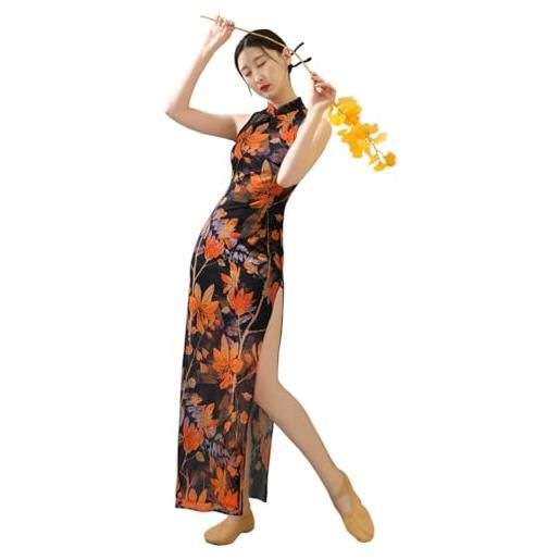 ROYAL SMEELA vestito qipao senza maniche donna cheongsam tradizionale cinese sexy stampa lungo nero con fessura