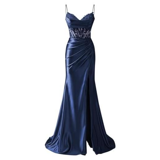 AHERKLL abiti da damigella d'onore con spalline sottili appliques in pizzo abiti da ballo con fessura formale da sera party maxi abito ah171, blu navy, 38