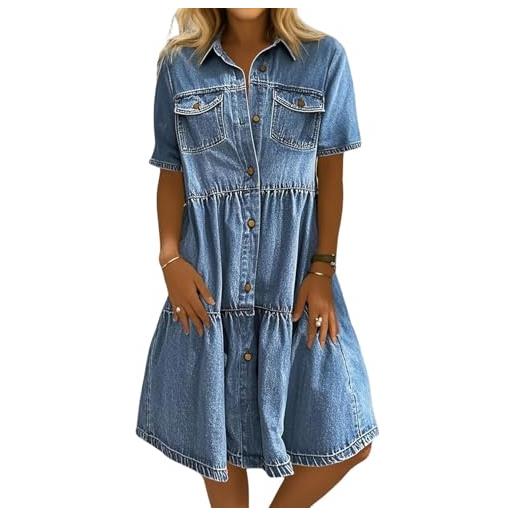 Suncadmious abito da camicia in denim di media lunghezza con bottoni a maniche corte con risvolto casual estivo da donna abito in denim con volant orlo carino a strati con volant (blu scuro, xl)
