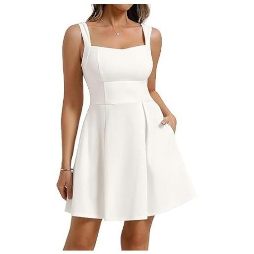 Belle Poque - miniabito da donna con spalline, linea a, scollo ad angolo, schiena scoperta, stile swing, con tasche, per l'estate, da spiaggia, per il tempo libero e le vacanze, bianco, xl
