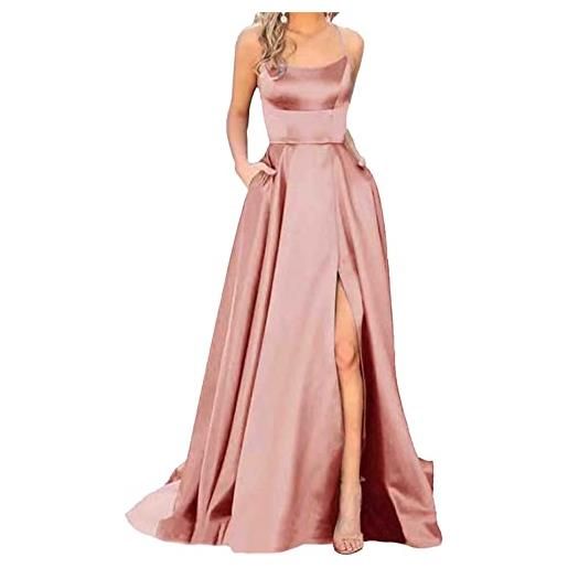 HAHAEMMA abito lungo da donna elegante con tasche in raso linea ad a abito da sera sexy con allacciatura al collo spaghetti abito da sposa abito da principessa abito da damigella d'onore