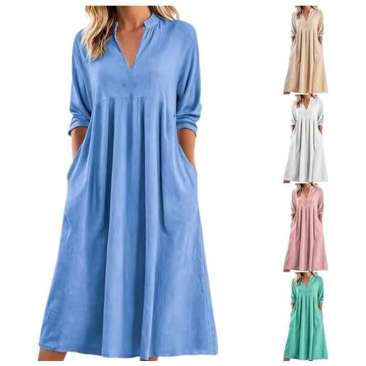 Generic maxi abito estivo da donna in lino tinta unita con maniche a tre quarti e pieghe in misto cotone, abiti di media lunghezza per donne abiti da donna abiti uk party skater cocktail uscire notte signore