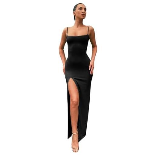 XIWCAFC vestito aderente donna nero sexy abito senza manica scollo a abito lungo spaghetti strap vestito con spacco da sera casual cerimonia matrimonio