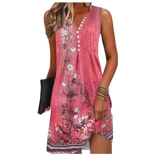 GRMLRPT abito da donna estivo abiti da spiaggia bohémien retrò con scollo a v abiti al ginocchio senza maniche stampa floreale tuniche casual(rosso, s)