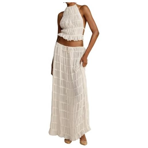 CheJooe estate da donna 2 pezzi maxi gonna set y2k senza maniche crop tank top gilet chiffon fluy volant lungo midi dress set moda abiti beachwear, bianco, s