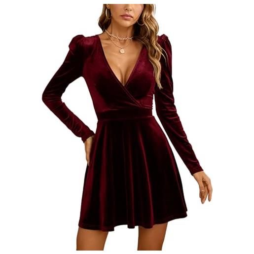 xxxiticat abito da donna sexy con scollo a v in velluto a maniche lunghe, a vita alta, linea ad a, per cocktail