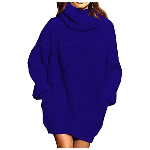 BOTCAM abito da donna a maglia con collo alto, a maniche lunghe, per l'inverno, mini maglione, casual, a tunica, largo, morbido, per il tempo libero, blu, xl