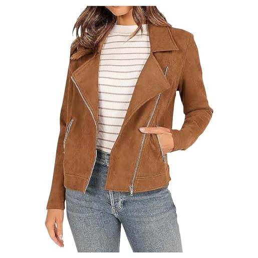 Foweknow giacca da donna corta in pelle leggera, con collo a risvolto, sottile, in similpelle, per la primavera e l'estate, in pelle scamosciata, giacca corta