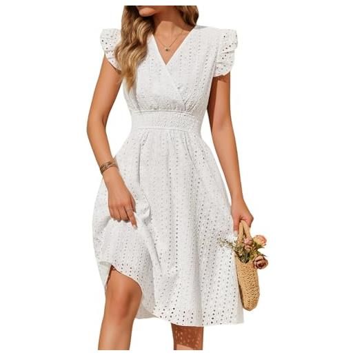 PASUDA abito estivo donna scollo a v vestito donna cotone senza maniche con volant elegante vestiti estivi corti jacquard leggero abiti vita alta mare da spiaggia con tasche casual moda (bianco, xxl)