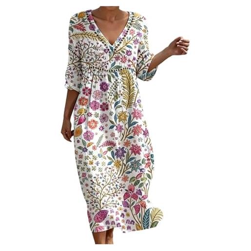 Gienslru vestito lino donna estivo lungo boho chic abito scollo a v maniche 3/4 manich vestiti estivi lunghi casual elegante per mare spiaggia taglie forti curvy dresses abito con tasche primavera