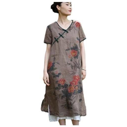 NFYM abito tradizionale da donna in lino con stampa floreale qipao con scollo a v a maniche corte abito cinese