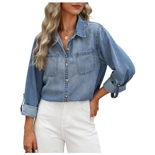 CMTOP camicia donna camicetta manica lunga loose camicia jeans elegante bottoni scollo a v tunica blusa basic jacket maglietta primavera autunno giacca shirt top