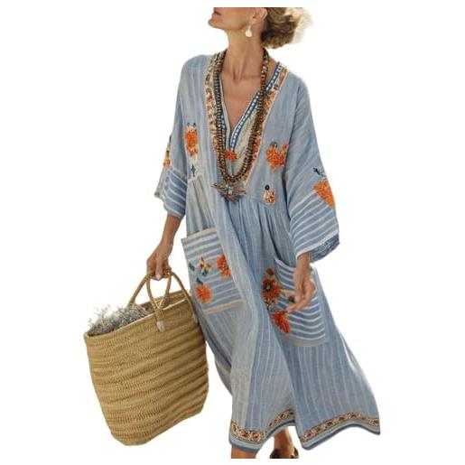 Generico vestito donna estivo kaftano boho chic in cotone e lino, abito lungo etnico con tasche e scollo a v, maxi prendisole per mare spiaggia e vacanza, stile vintage oversize e traspirante