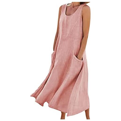 YMING donne casual allentato cotone linen bohemien vestito tinta unita con tasche senza maniche lungo maxi vestito rosa xxl