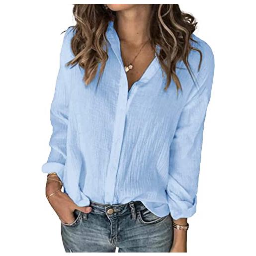 Cicy Bell - camicetta da donna, con bottone, scollo a v, a maniche lunghe, tinta unita, elegante, casual, top, celeste. , m