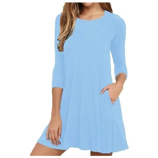 Anelune vestito da donna con maniche a 3/4, estivo, casual, a trapezio, con tasche, taglie s-2xl, azzurro, l