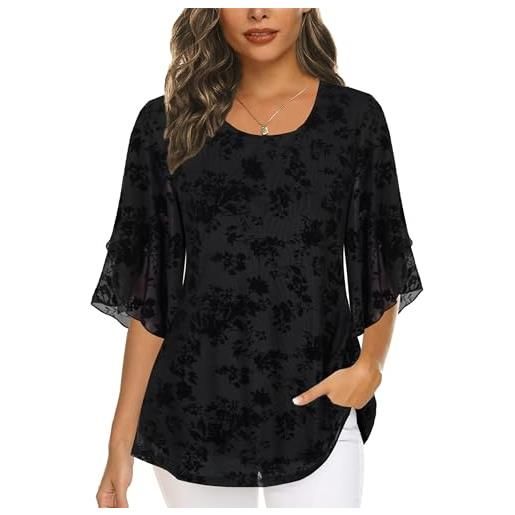 Timuspo tunica da donna in chiffon, casual, con collo rotondo, taglie grandi, a mezza maniche corte, vestibilità ampia, fiori neri. , m