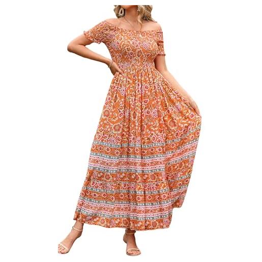R.Vivimos estate donne boho floreale off shoulder maxi vestito manica corta smock flowy abito lungo spiaggia(xl, arancia)