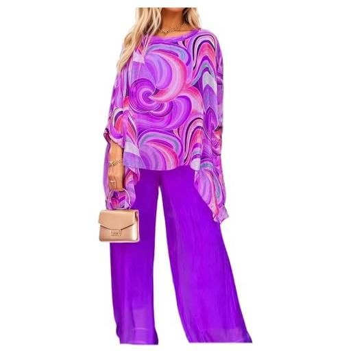 Generic donna colorata pittura a olio chiffon 2 pezzi set elegante matrimonio ospite gamba larga pantsuit cocktail party abiti (viola, 4x-large)