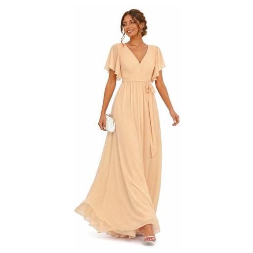 Ever-Pretty maxi scollo a v increspato busto chiffon abito da sera formale con maniche champagne 48