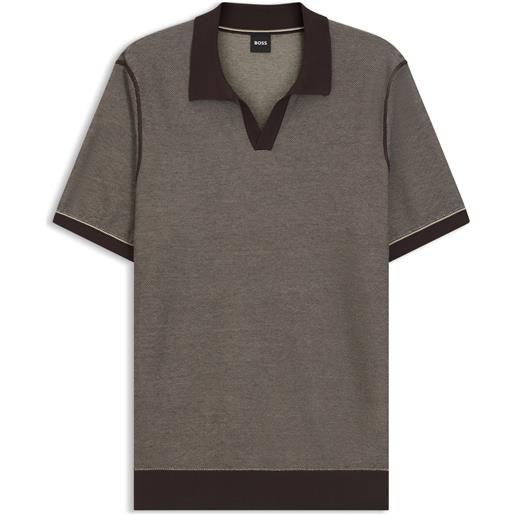 BOSS polo in maglia di misto cotone con riga orizzontale, marrone