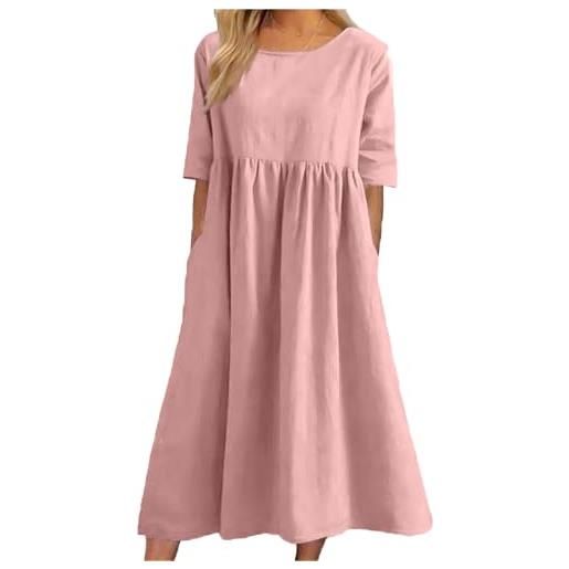 WODOLL maxi abito da donna in cotone e lino, girocollo, mezze maniche, taglie forti, casual, comodo, lungo abito con tasche, a02 rosa, m
