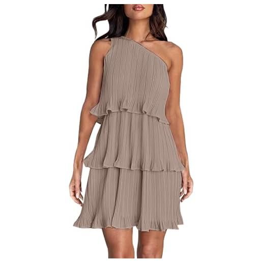 KonJim abito estivo da donna 2024 monospalla senza maniche con orlo a volant abiti bohémien fluidi con volant a più livelli midi beach a-line abito casual in chiffon, cachi, m