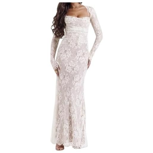 SYNHSWHN abito, maxi abito, 2 pezzi corsetto capelet floreale morbido mesh sexy abito da sera scialle coulisse corsetto in pizzo maxi abito, bianco, xs
