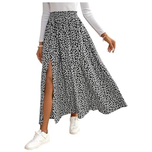 GORGLITTER gonna lunga estiva boho midi con spacco motivo floreale, gonna a vita alta, gonna a fiori, casual, per il tempo libero, gonna da spiaggia, nero , l