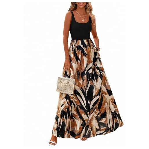 ABINGOO vestito lungo estivo donna boho a line senza maniche maxi abito | scollo rotondo vita elastica vestiti elegante casual mare spiaggia dress con tasche