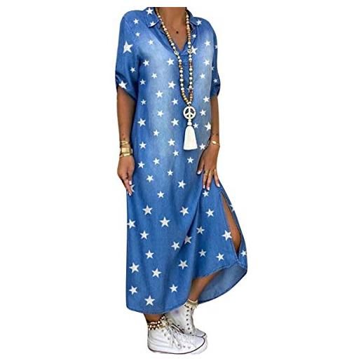 Yesgirl abito estivo da donna boho in denim estivo donna casual jeans scollo a v maniche lunghe gonna a pieghe a-line maxi denim camicia a tunica abito camicetta c azzurro xs