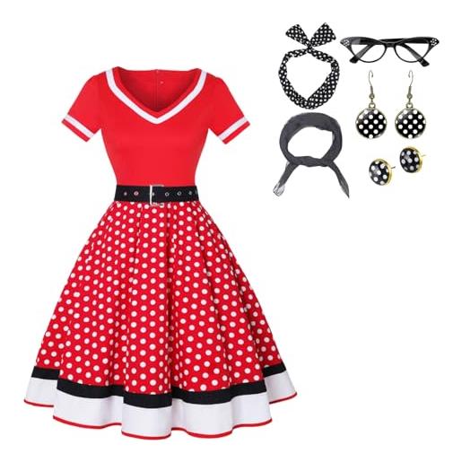 Maxtoonrain donna 50 abito elegante per adulti uk a pois con accessori sciarpa cerchietti orecchini occhiali per festa vintage cocktail matrimonio halloween, rosso, xxl