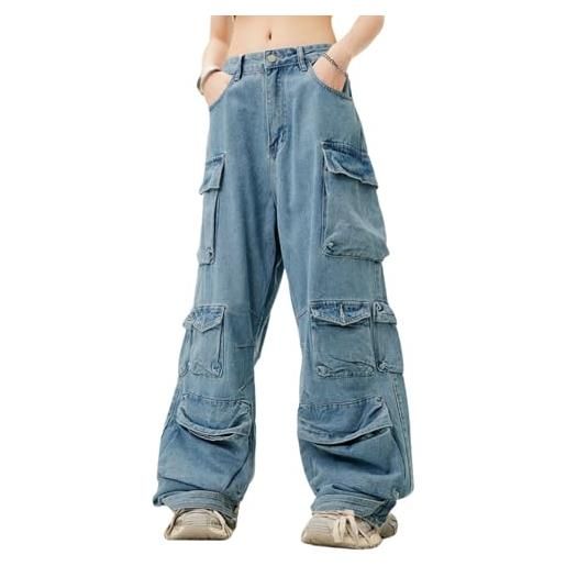 Lafaguw pantaloni cargo da donna a vita bassa, larghi jeans, tasca, gamba larga, vestiti casual, trendy, streetwear, grunge, emo