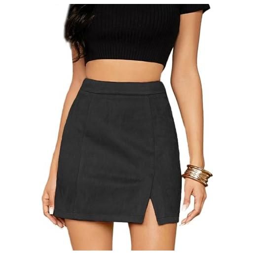 EMOTTOS donna gonna corta in finta pelle scamosciata, avvolgente sull'anca minigonna donna a vita alta con spacco, con pieghe, con bottoni a linea cerniera finta pelle mini gonna, s-l, nero