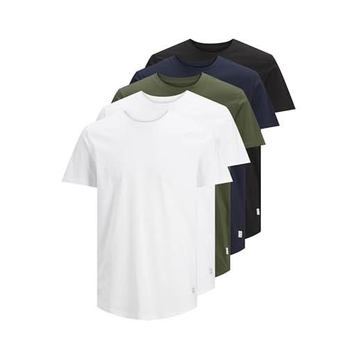 JACK & JONES maglietta da uomo con scollo rotondo in tinta unita, bianco/dettagli: 2 bianchi, 1 nero, 1 blu navy, 1 foresta, xl